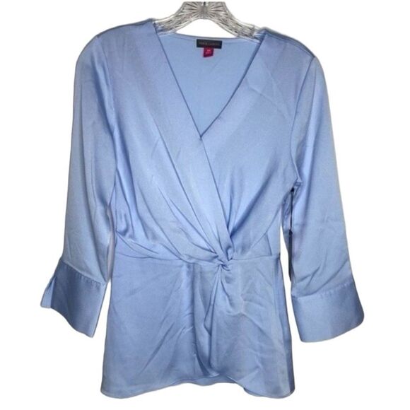 Vince Camuto Blue 3/4 Sleeves Surplice V-Neck Hammered Satin Gathered Blouse XXS - Picture 1 of 7